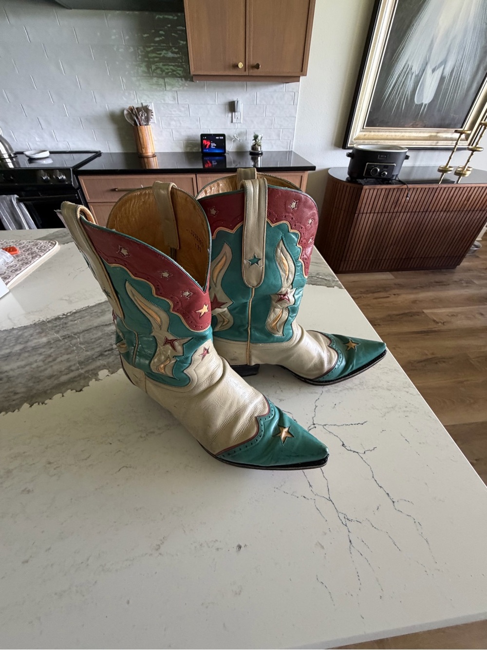 Liberty Boot Co. Teal, Cream & Red Western Cowboy Boots